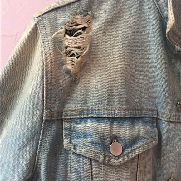 Guess Denim Rose Jean Jacket Acid Wash Patchwork Paintings Skull Compass Blood - Picture 5 of 12